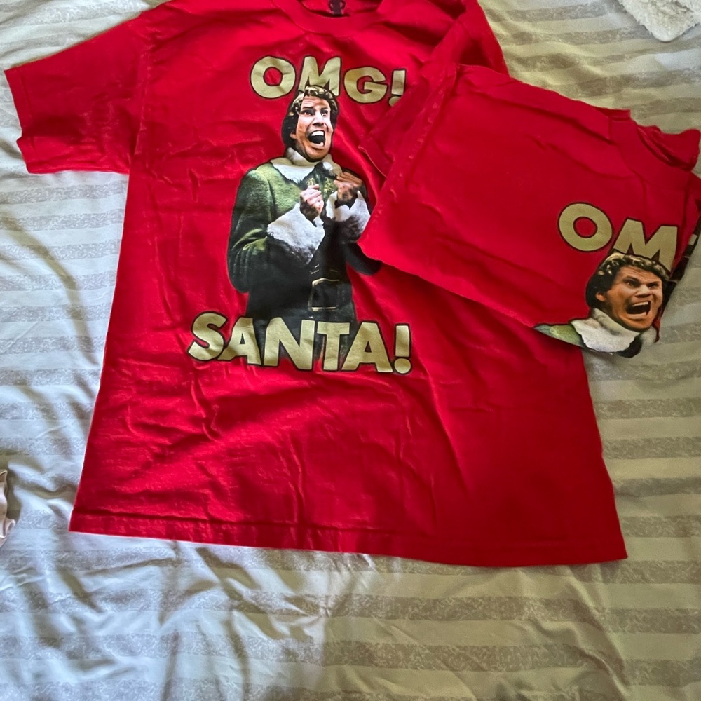 Red Matching OMG Santa Graphic T-Shirts, one L, one XL